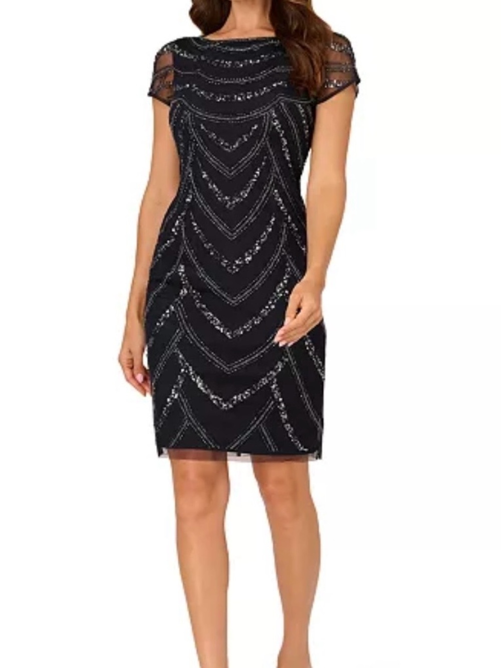 Adrianna Papell Black Sequin Midi Dress with Sheer Cap Sleeves